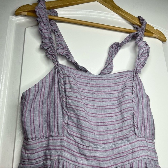 Anthropologie Elevenses Nantucket gray pink striped linen ruffle jumpsuit size 4 - Picture 6 of 7